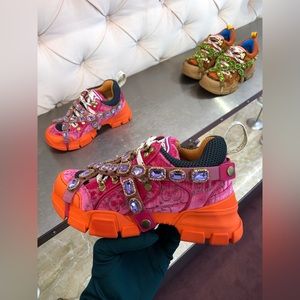 GUCCI VELVET GG Pink Orange Flashtrek Sneakers With Crystals Size 41 10